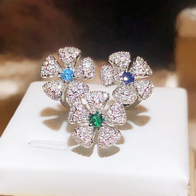 Super Fairy Creative Flower Design Open Ring Luxury Full of Diamond 925 Silver Cocktail Party Ladies Premium Color-proof Jewelry