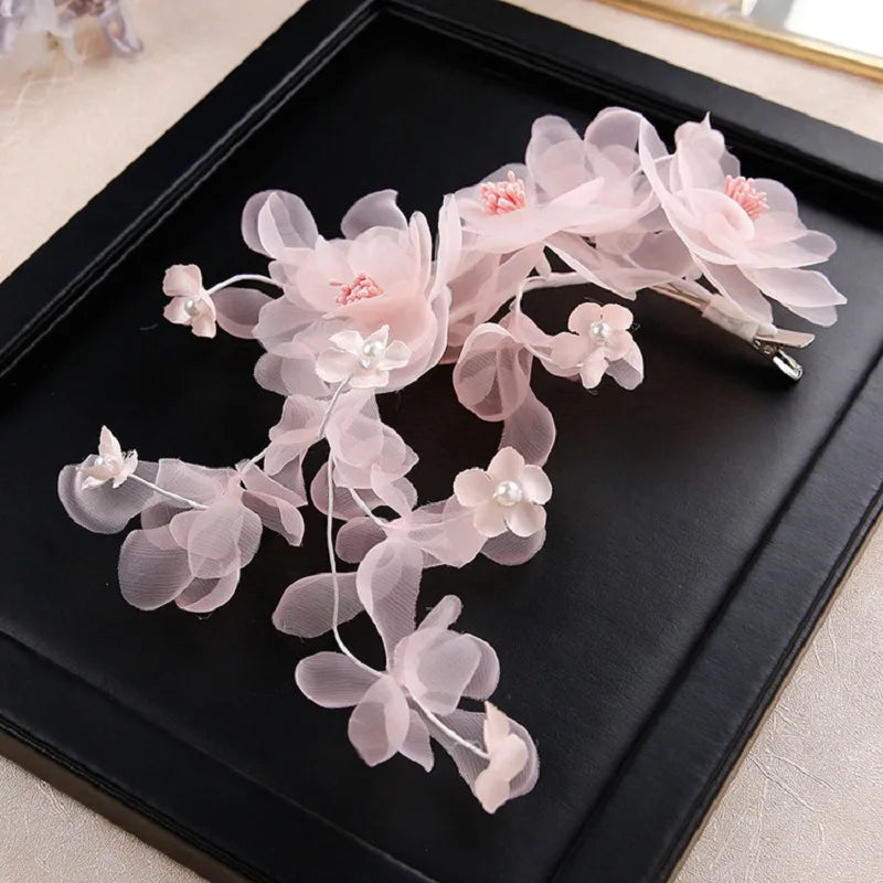 Fairy Flower Hair Clip Bridal Tiaras Pink Floral Pearl Hairpin For Women Bride Wedding Hair Accessories Trend Noiva Head Jewelry