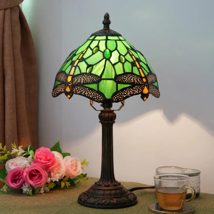 Stained Glass Table Lamp, Antique Green Tiffany Style Reading Light for Bedroom, Living Room and Office Decor Lampara Salon