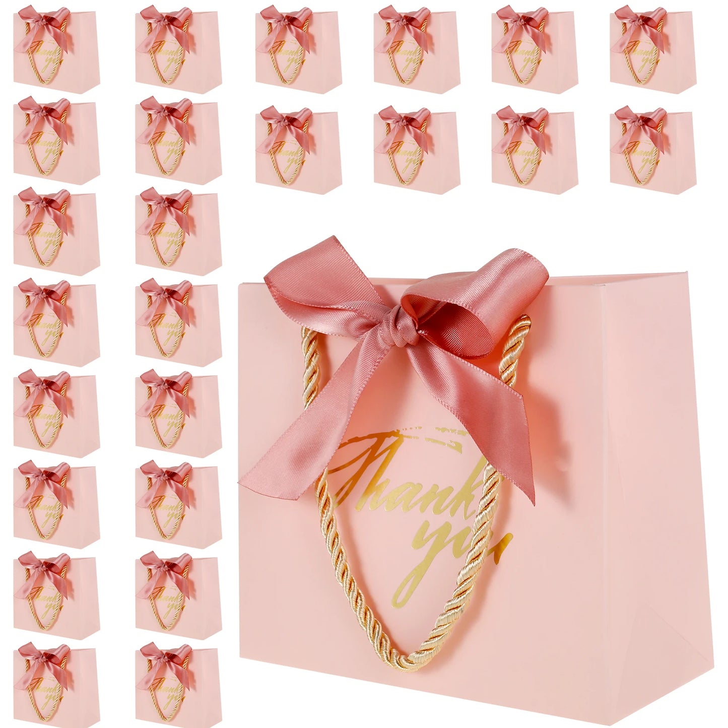 20/30/50pcs Thank You Gift Bags Reusable Paper Party Bags with Handles Gold Bow Ribbon Mini Pink Party Favor Bags for Birthday