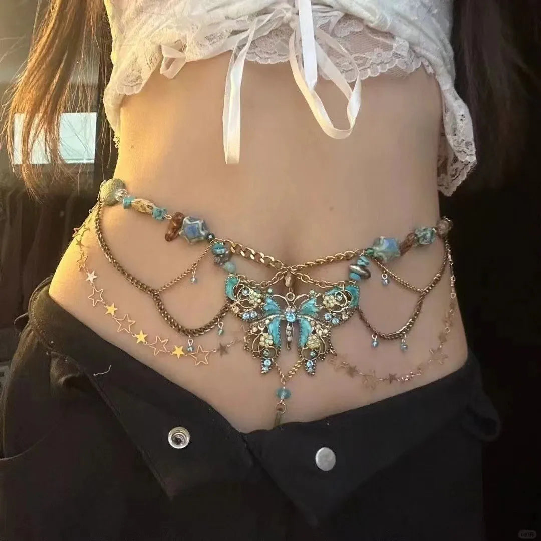 Fairy Tassel Waist Chain For Women Glitter Pearl Butterfly Pendant Belt Strap Dress Crop Top Bikini Sexy Waist Decorative Chain