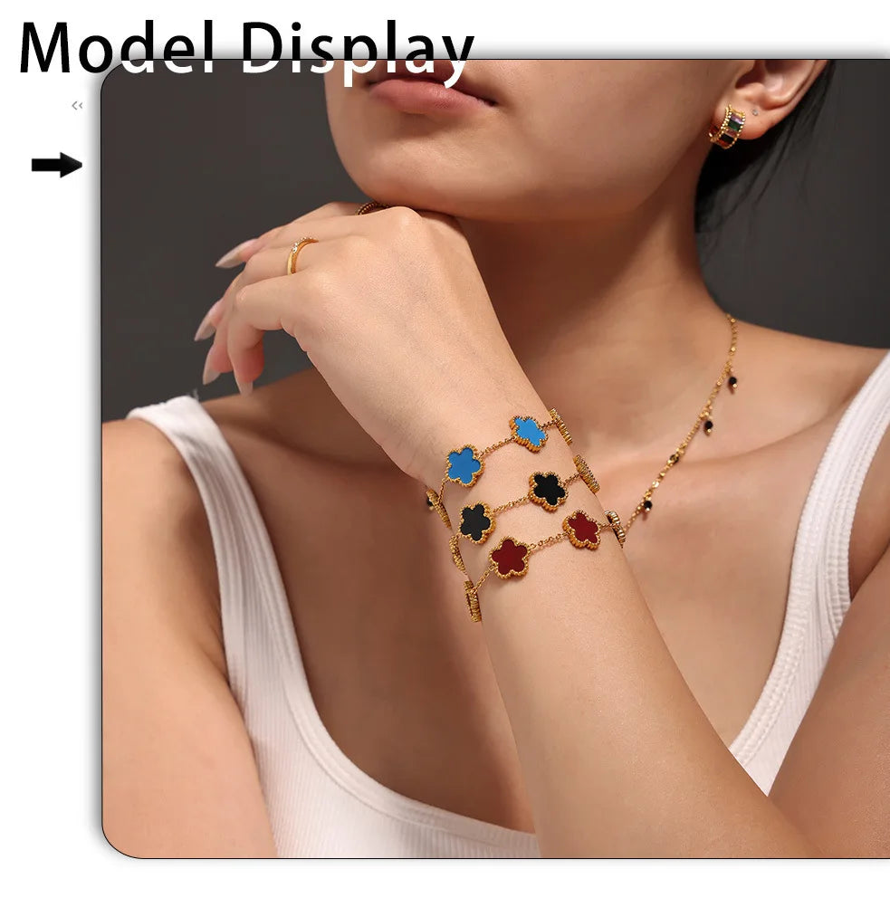 Fashion Five Petals Beautiful Bracelet for Women No Rusted Gold Plated Stainless Steel Agate Bangle Charm Luxury Jewelry Gift