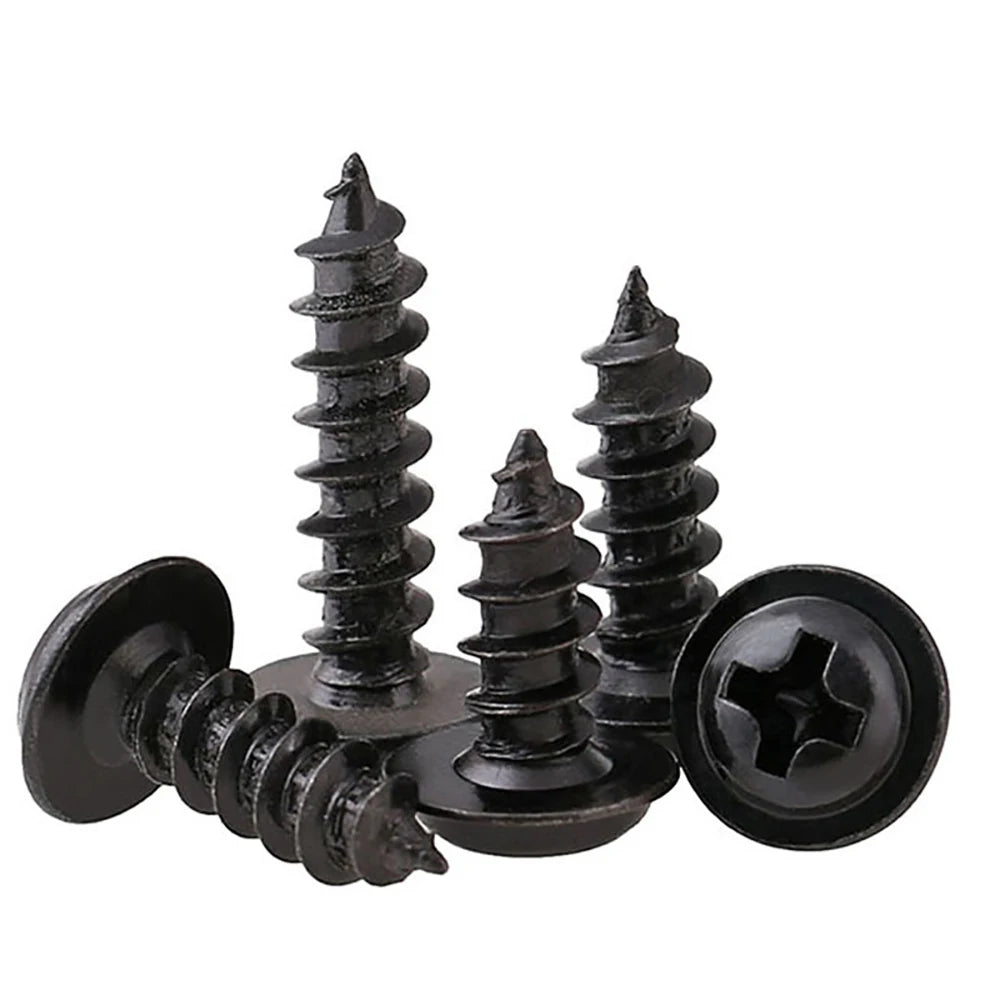 100pcs Phillips Black Self-tapping Screw Pan Head PWA Cross Round Head With Washer Cushion M1.4 M1.7 M2 M2.3 M2.6 M3 M3.5 M4