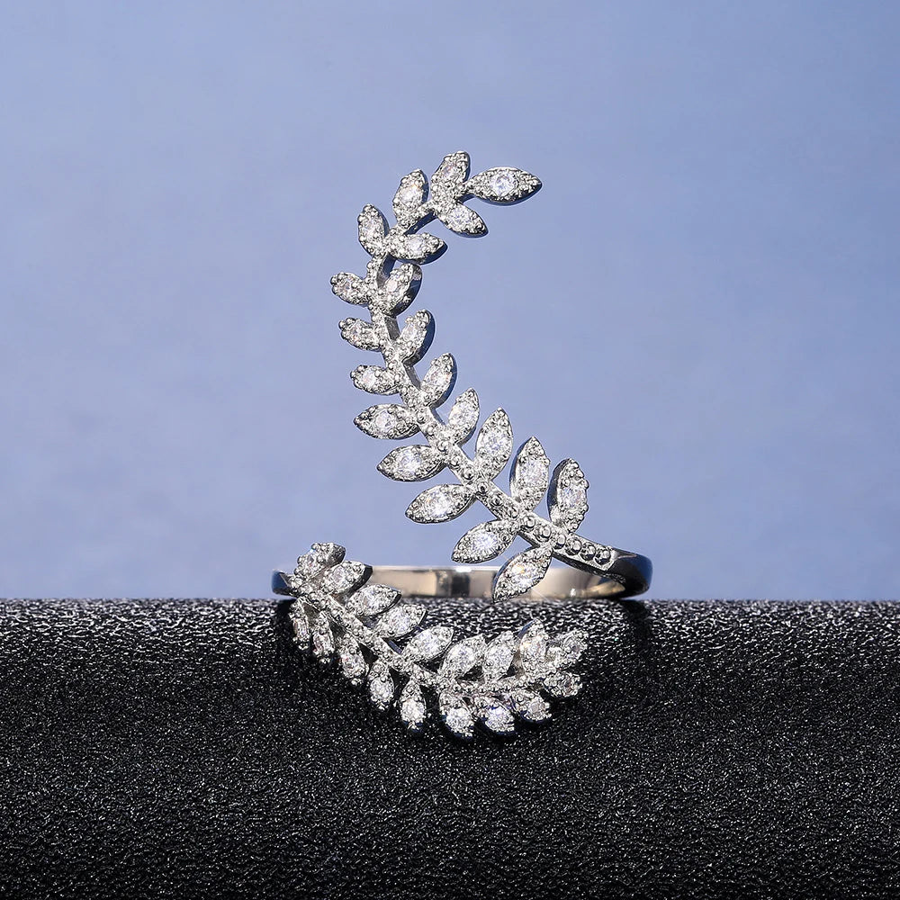 Graceful Leaves Both End of Open Ring Silver Color Girl Cocktail Party Rings Shine Crystal Zircon Fashion Women Jewelry