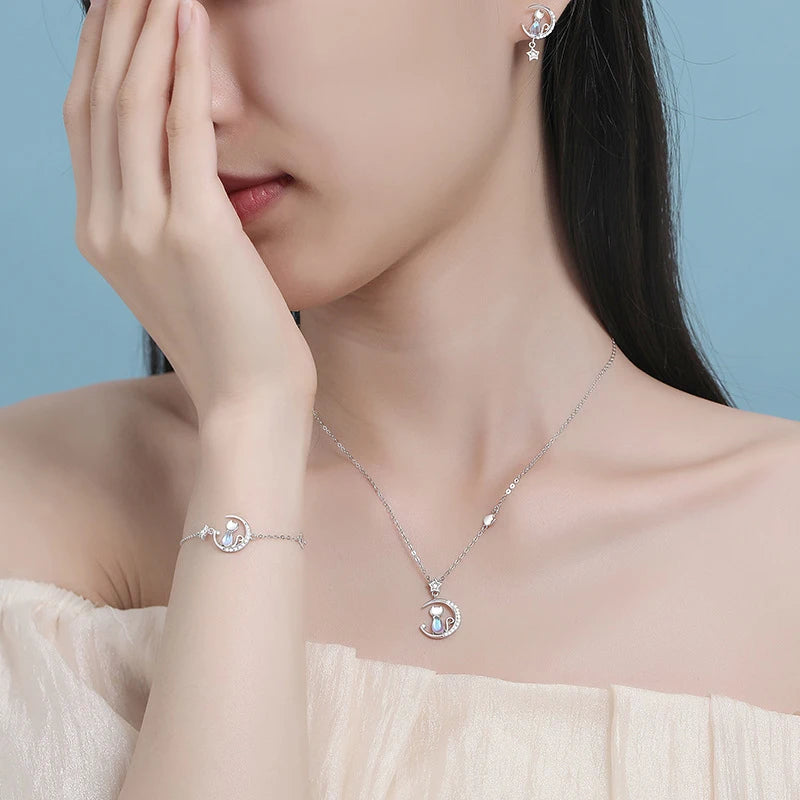 NEW European S925 Sterling silver AAA CZ Moon Stars Cat Bracelet Chain For Women Men Birthday Party Gift Jewelry