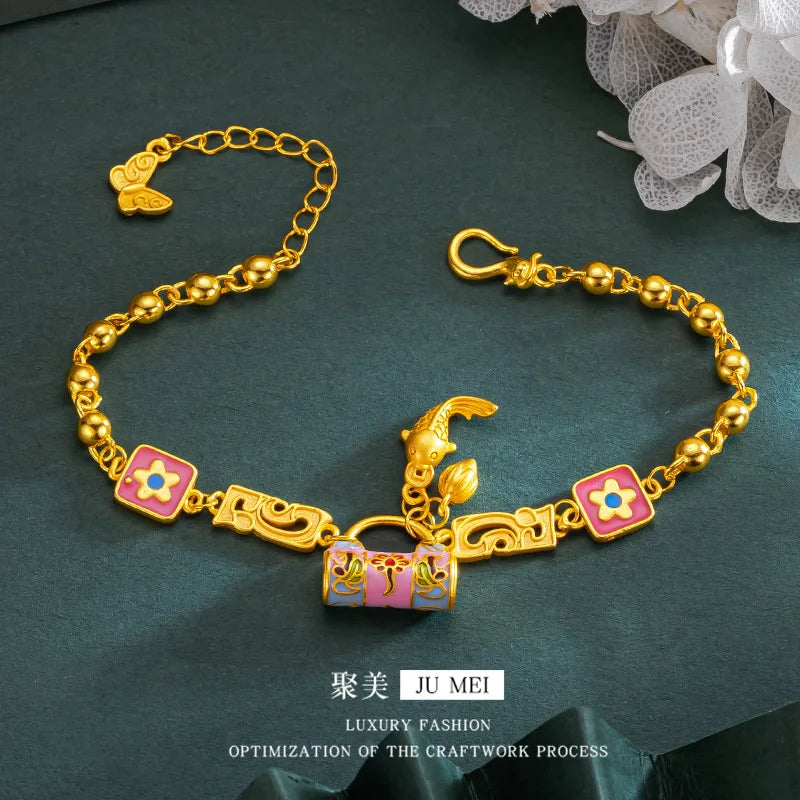 24K AU999 Gold 'Blossom Lock & Koi' Bracelet for Women - Floral Lock with Leaping Koi, High-Purity Gold, Lucky & Elegant