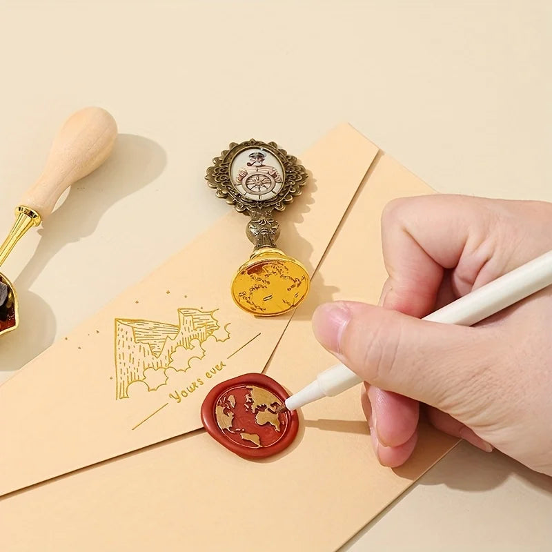1 Set of Sealing Wax Stamp Kit, Includes Stamp Handle, Sealing Wax Beads, Wooden Handle Sealing Wax Spoon, Small Round Wax, Stamp Head, Suitable for Wedding Invitations, Envelopes, Birthday Gift Cards, Scrapbooks, Great Gift