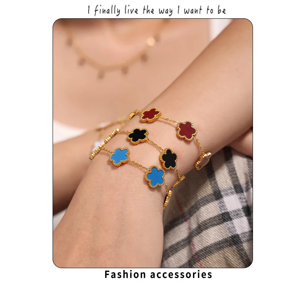 Fashion Five Petals Beautiful Bracelet for Women No Rusted Gold Plated Stainless Steel Agate Bangle Charm Luxury Jewelry Gift