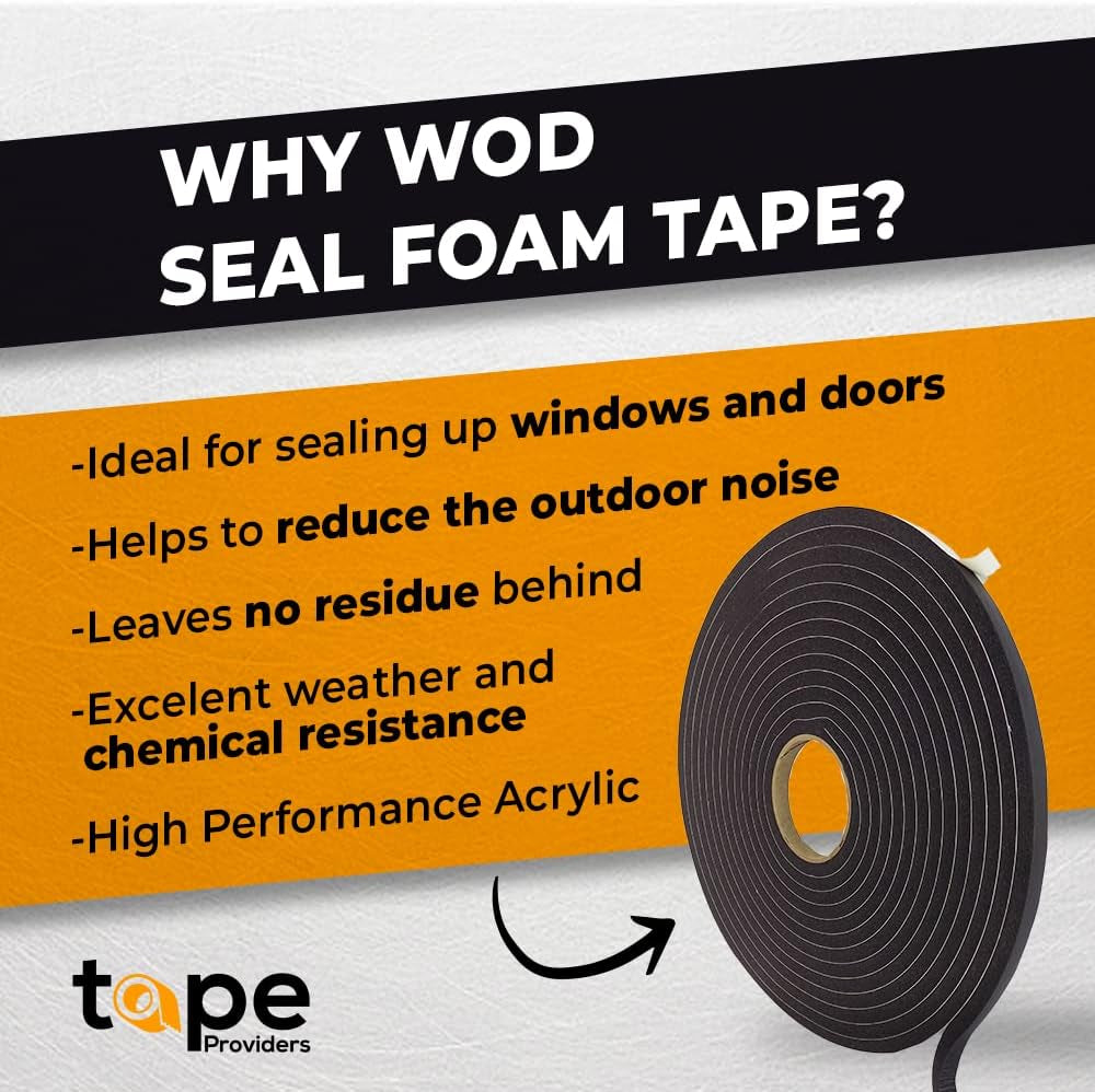 WOD SSFLDFT Closed Cell Sponge Rubber Foam Tape, 1/16 Inch Thick, 2 Inch X 150 Ft. Made in USA Weatherstrip Seal, Windows and Doors Adhesive, Sound Proof Insulation, Black