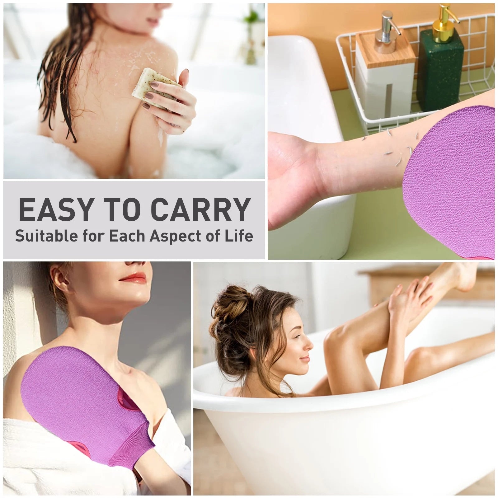 Exfoliating Glove, Shower Scrub Gloves, Bath Body Exfoliator Mitt Dead Skin Remover Double Sided Exfoliation for All Skin Types Improve Blood Circulation, 2 Pack Purple