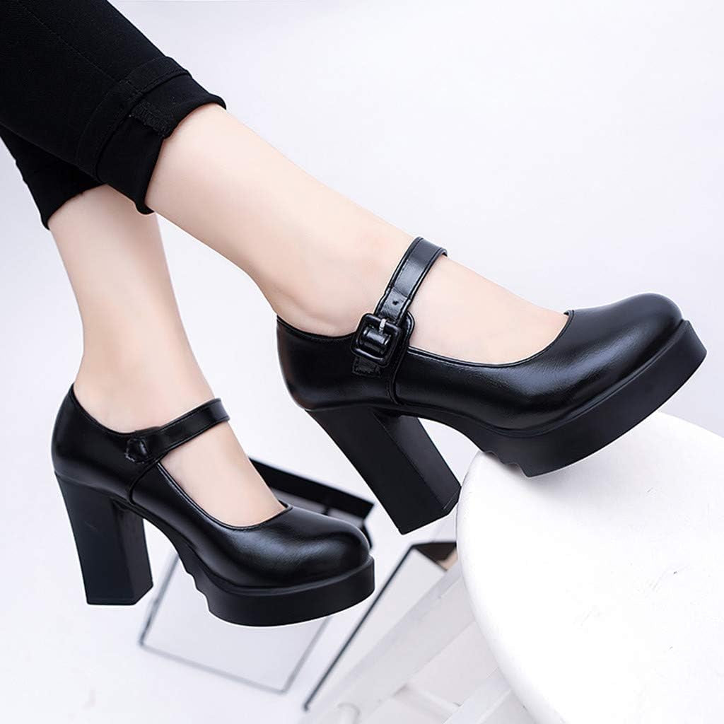Women Work Shoes Elegant Casual High Heel Thick Heels Platform Ankle Buckle Strap Pumps 5.5 Black