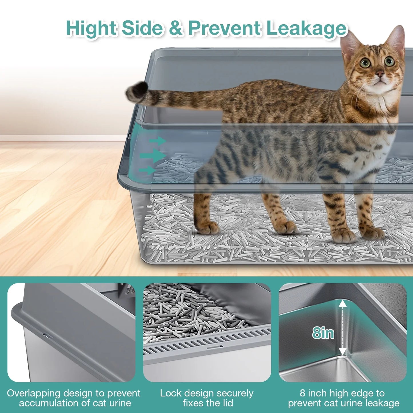 L Stainless Steel Cat Litter Box for Big Cats, MS-50 Metal Cat Litter Box with Scoop & Mat, Dark Gray