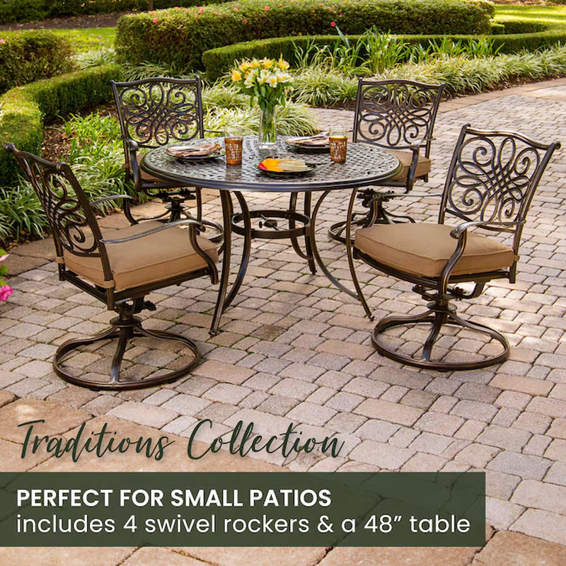 Traditions 5 -Piece Bronze Patio Dining Set Aluminum round Table with 4 Tan Cushions Swivel Chairs