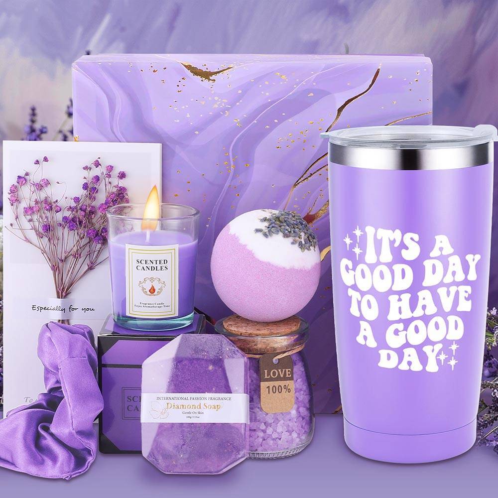 Lavender Bliss 8pcs Gift Set: Insulated Tumbler, Greeting Card, Hair Tie, Scented Candle, Bath Salts, Bath Bomb, Soap Bar - Alcohol-Free for All Skin Types