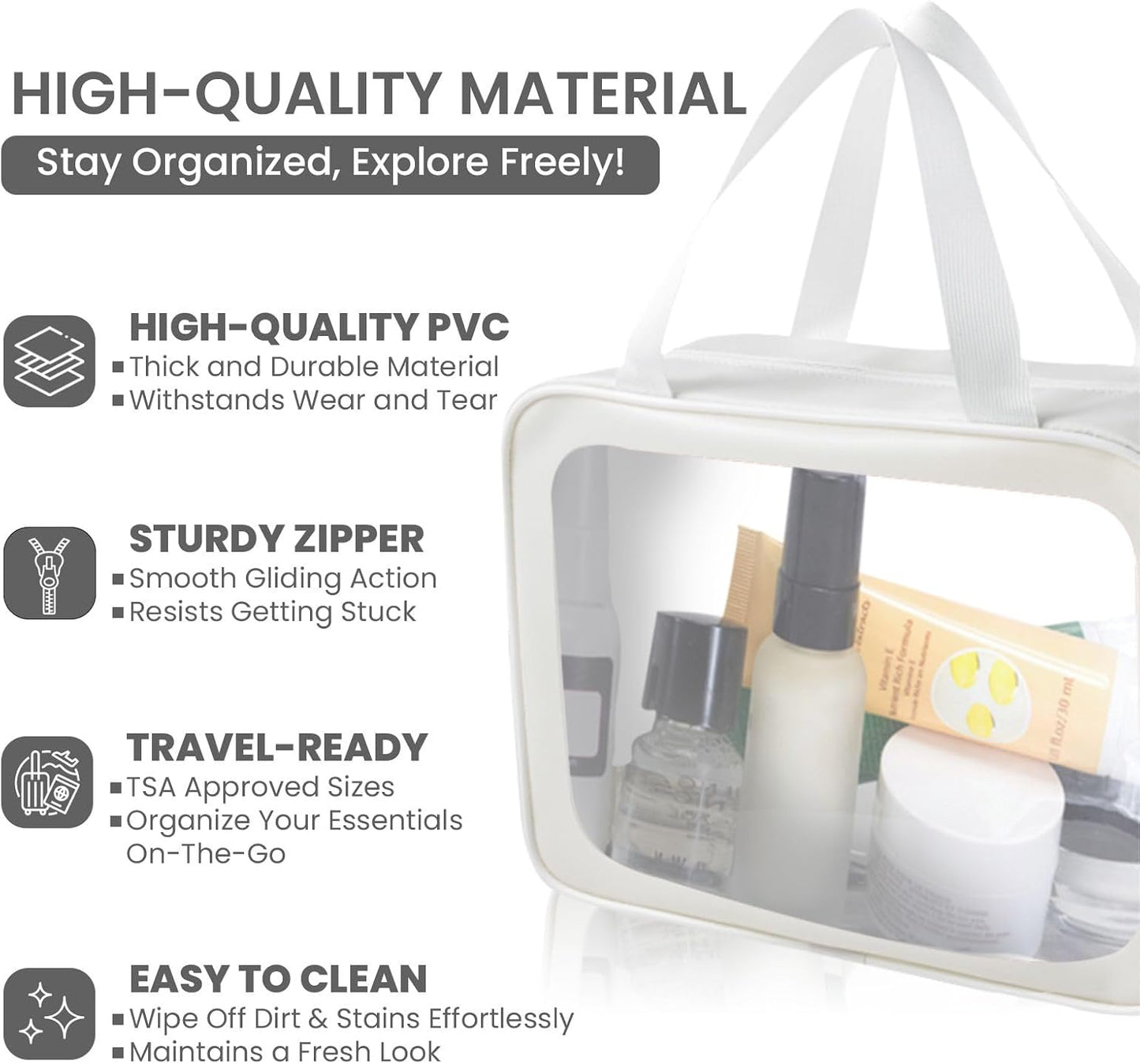 Travel Toiletry Bag for Women Men -Waterproof, Clear, Portable and Cute Makeup Cosmetic Bag Set (3-White)