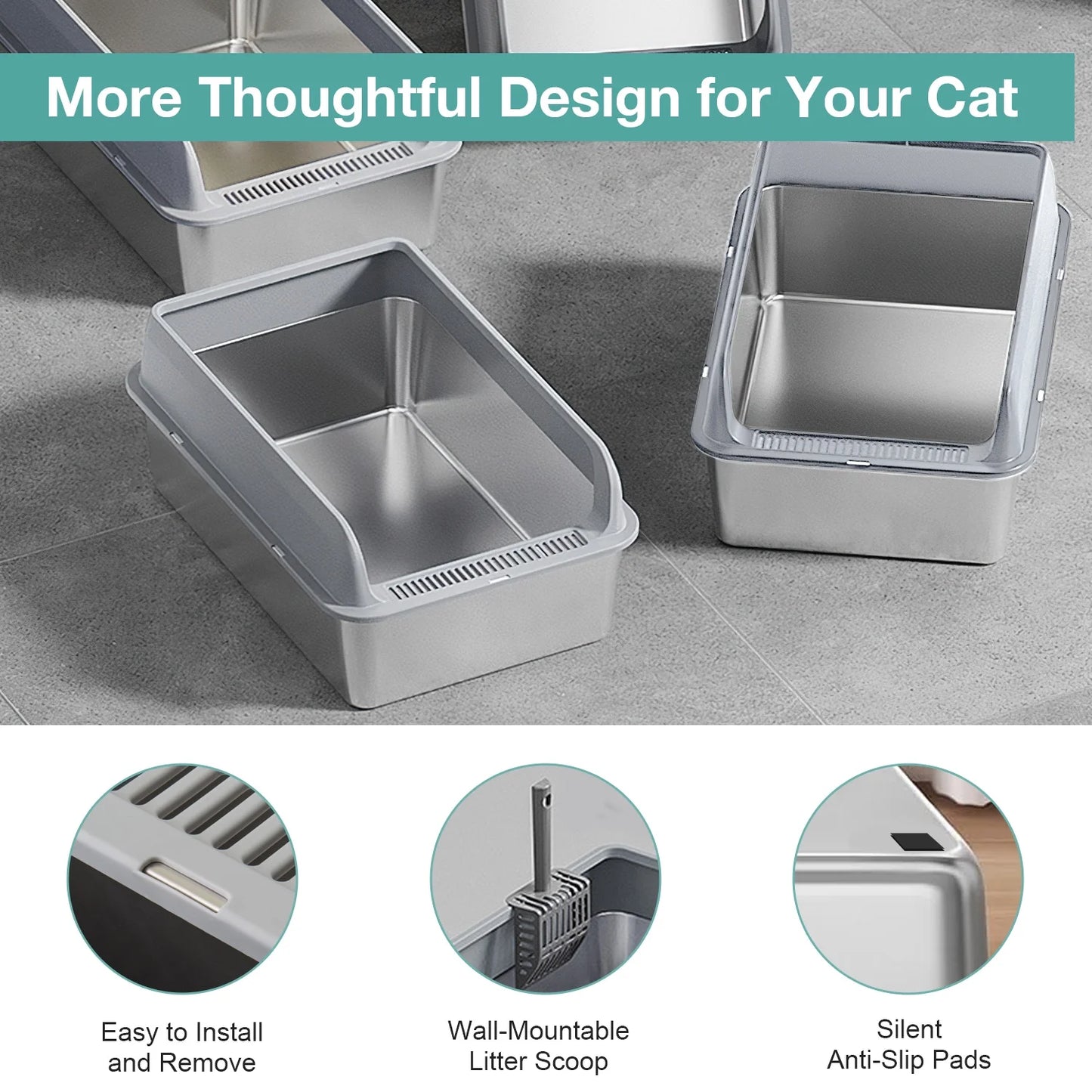 L Stainless Steel Cat Litter Box for Big Cats, MS-50 Metal Cat Litter Box with Scoop & Mat, Dark Gray