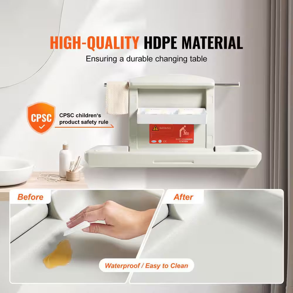 Wall-Mounted Baby Changing Station Horizontal Foldable Diaper Change Table Safety Straps and Hanging Rods