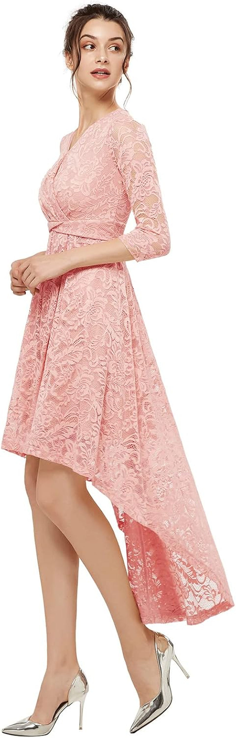 Spring Summer Mother of the Bride Dresses Hi-Low Lace 3/4 V-Front Sleeve Wedding Guest Dress