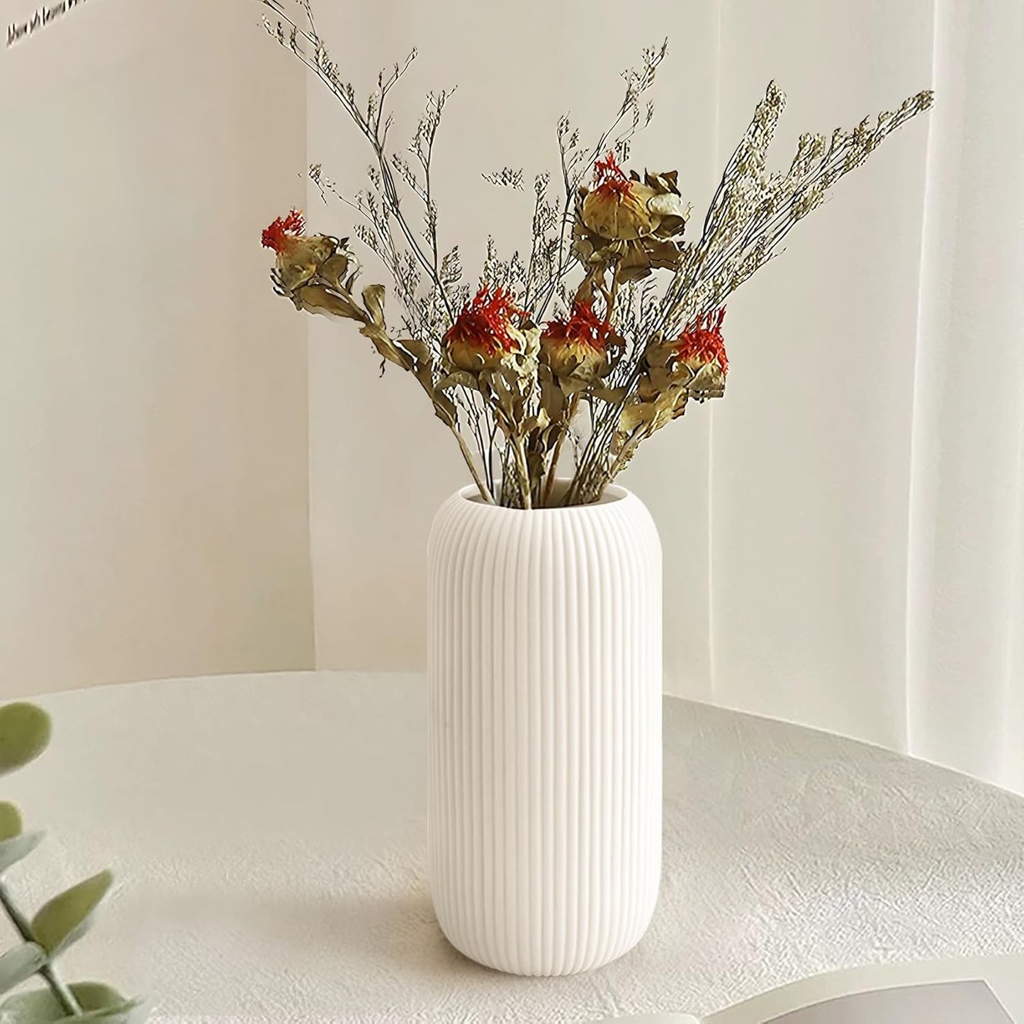 White Ceramic Vase for Flowers, 8 INCH Modern Small Ribbed Textured White Flower