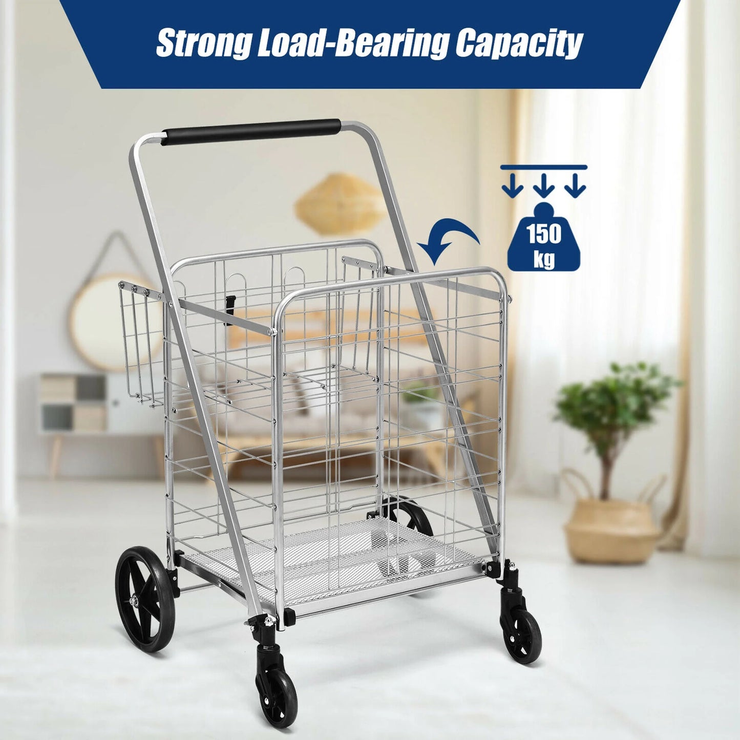 330Lbs Heavy Duty Folding Shopping Cart Utility Jumbo Double Basket Silver