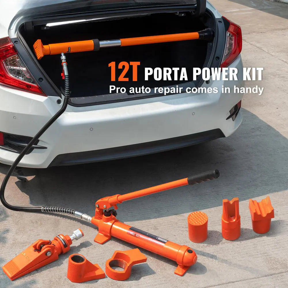 12 Ton Porta Power Kit Portable Hydraulic Jack with 4.6 Ft./1.4 M Oil Hose Auto Body Frame Repair Kit with Storage Case
