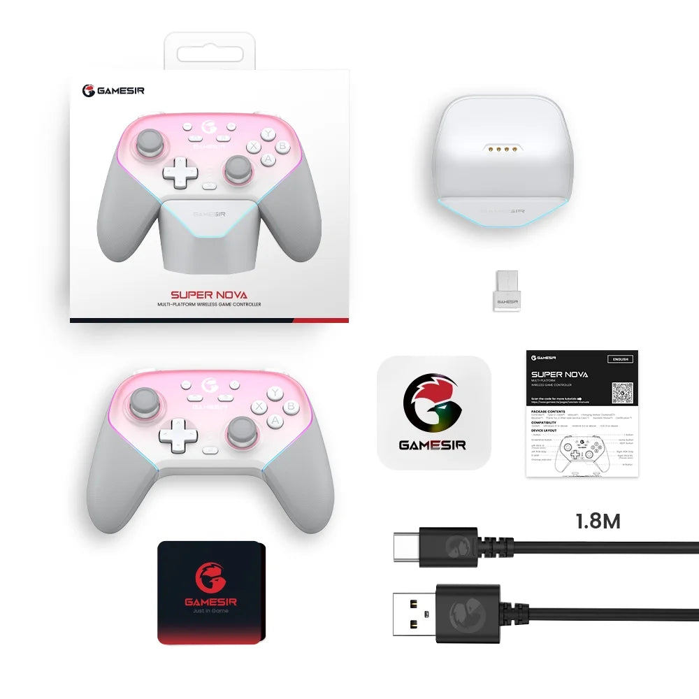 Super Nova Multi-Platform Wireless Gaming Controller for Pc/Switch/Ios/Android with Smart Auto Start-Stop Charging Dock(Whipped Pink Version)