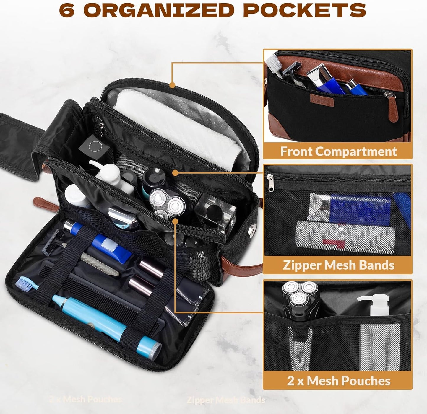 Travel Toiletry Bag for Men - Canvas Toiletries Bag with Multiple Pockets Large Hanging Travel Kit Bag for Toiletries Essentials Accessories - Black