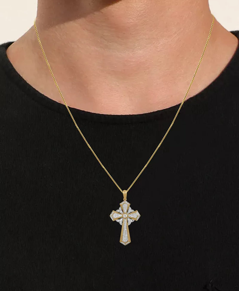 Men'S Diamond Cross 22" Pendant Necklace (1/2 Ct. T.W.) in Sterling Silver & 18K Gold-Plated Sterling Silver