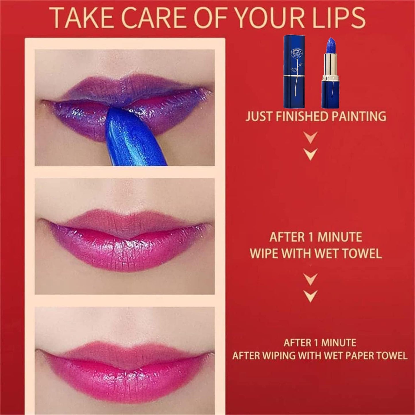 Blue Enchantress Color Changing Lipstick Magical Discoloration Blue-Rose Temperature Changing Lipstick Blue Rose Lipstick Temperature Color Changing Long Lasting Moisturizing Lipstick (Set of 2)