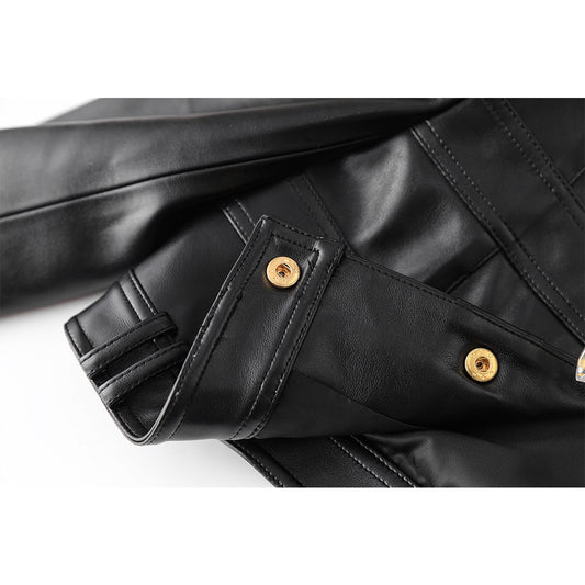 2023 Europe and the United States cross-border PU leather splicing small round neck shoulder pad cardigan high street wind small coat top temperament small jacket