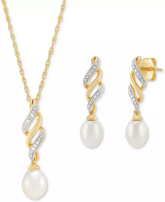 2-Pc. Set Cultured Freshwater Pearl (6 & 7Mm) & Diamond Accent Swirl Pendant Necklace & Matching Drop Earrings in 14K Gold-Plated Sterling Silver