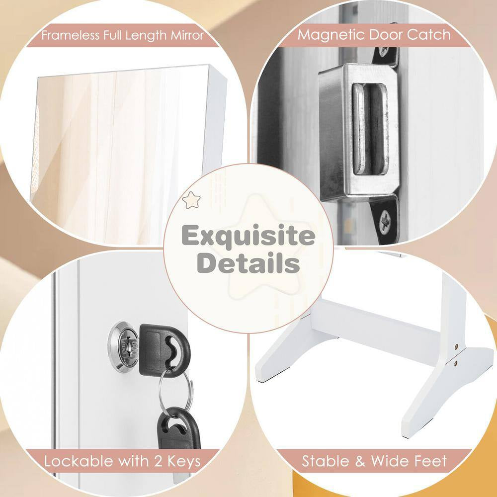 White Wood 16 In. W Standing Jewelry Armoire Cabinet Full Length Mirror Lockable with 3-Color LED Lights