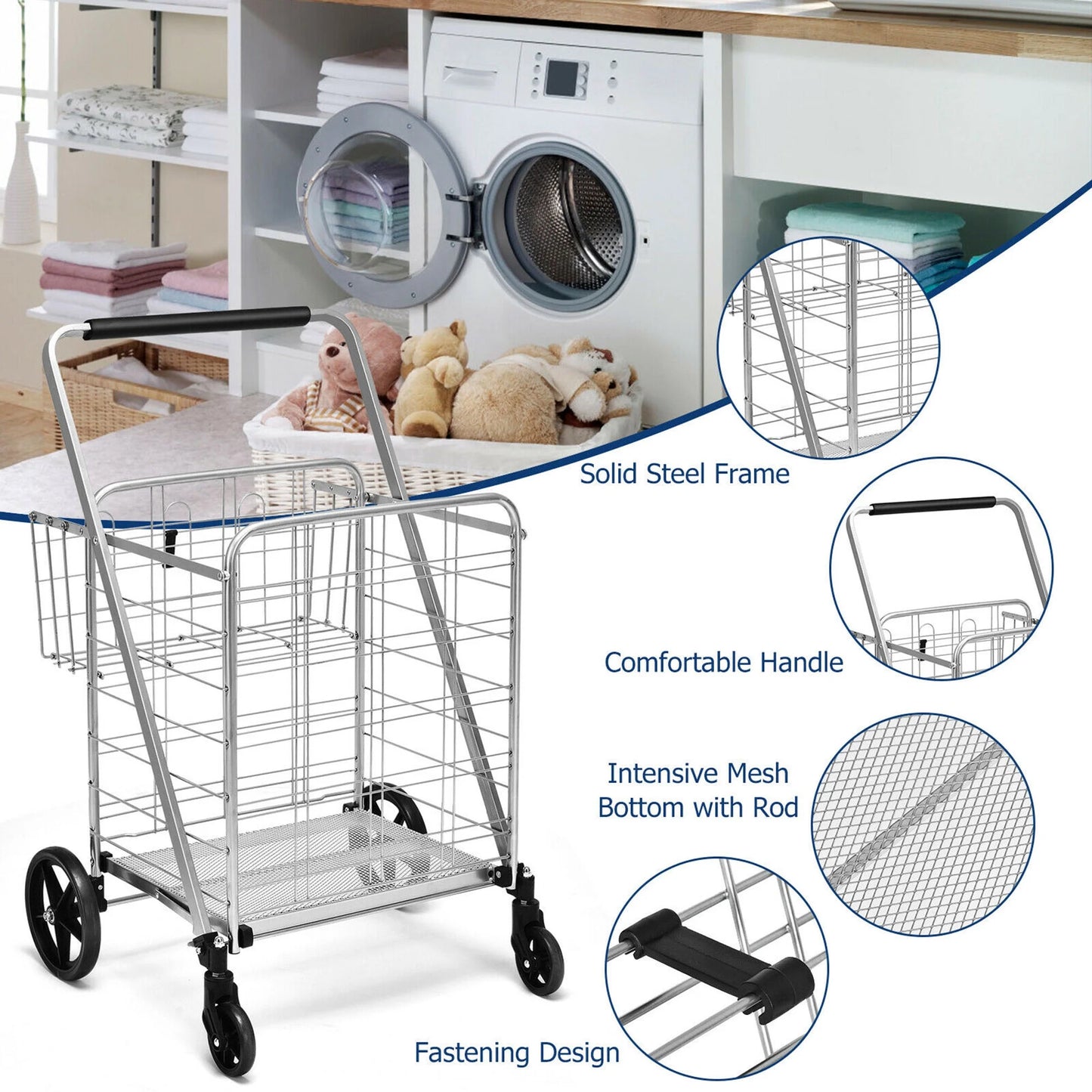 330Lbs Heavy Duty Folding Shopping Cart Utility Jumbo Double Basket Silver