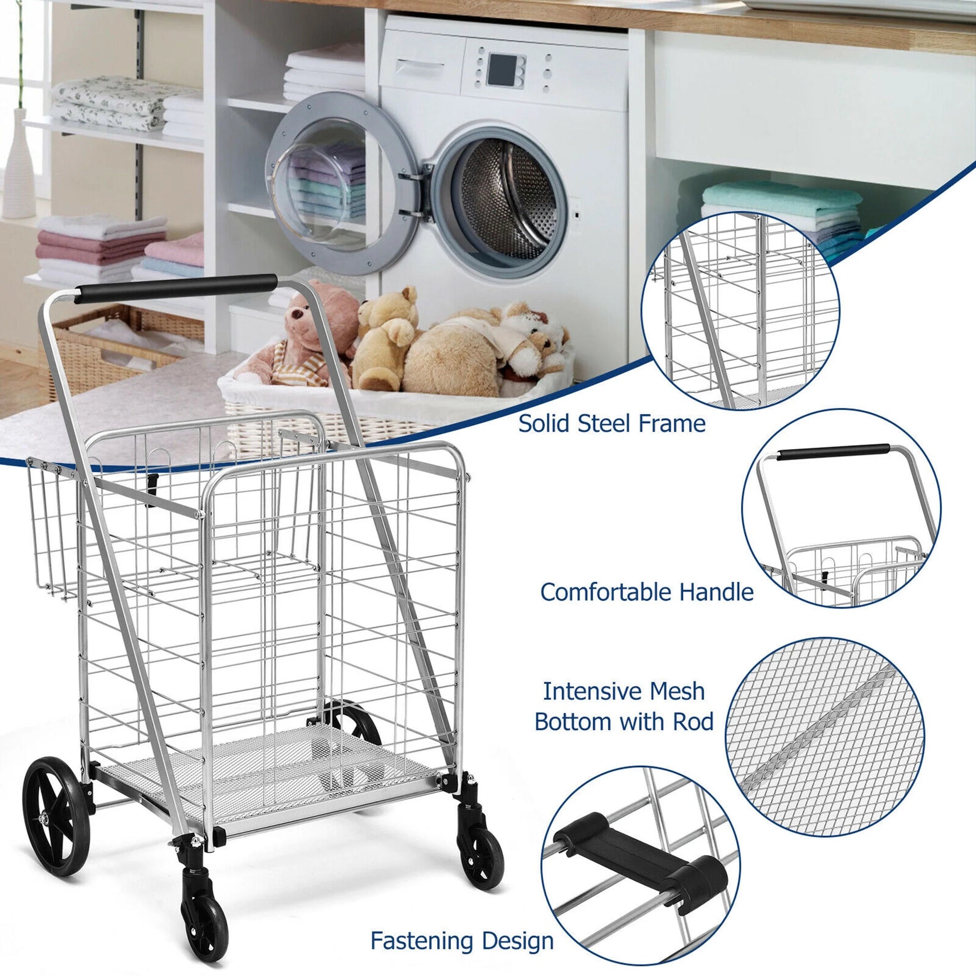330Lbs Heavy Duty Folding Shopping Cart Utility Jumbo Double Basket Silver