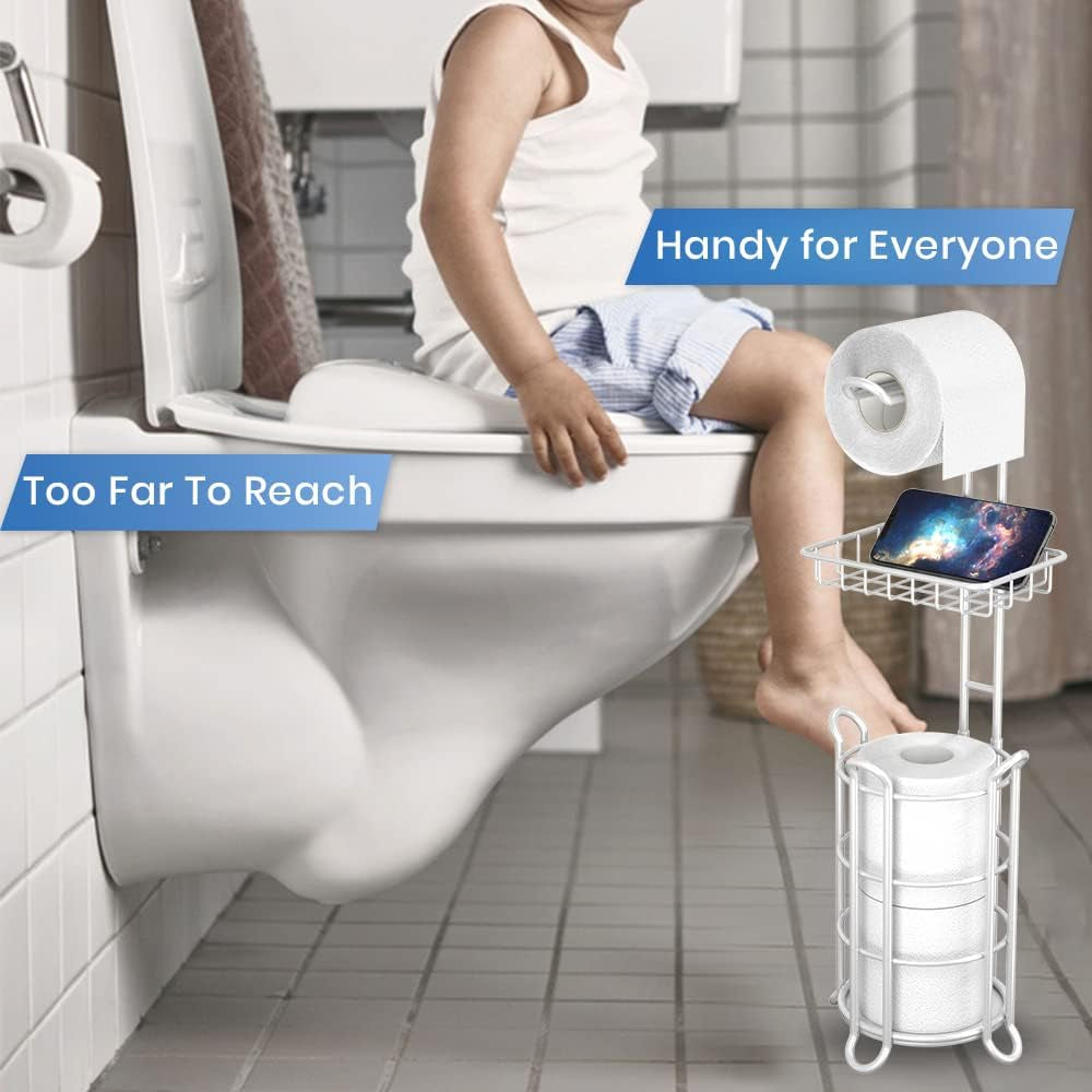 Toilet Paper Roll Holder Stand Bathroom Tissue Holders Free Standing with Middle Shelf Storage Reserve Mega Rolls/Phone/Wipe-Gray