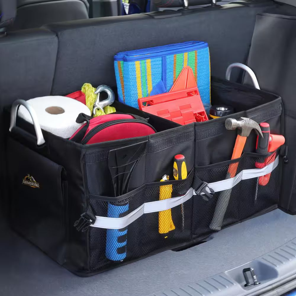 Collapsible Cargo Organizer with Lid and Buckles, 8 Compartments, Great for Groceries and Cleaning