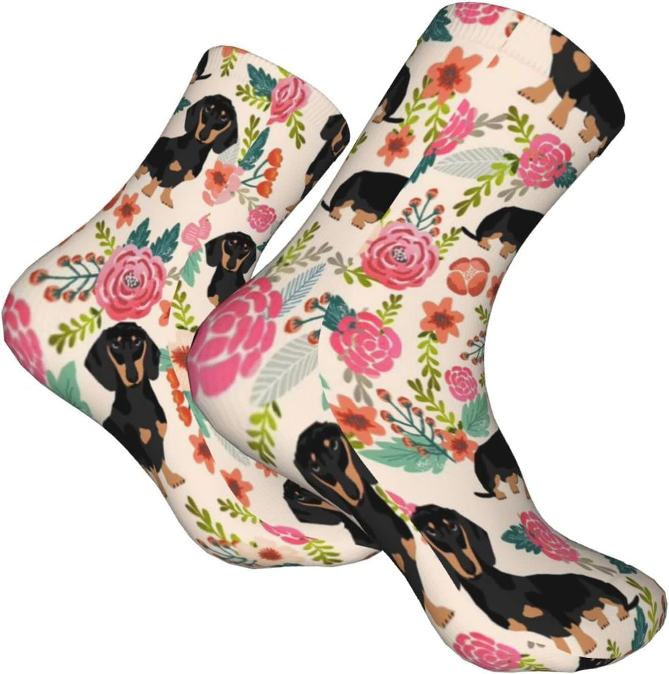 Dachshund Socks for Women,Funny Novelty Crew Crazy Socks Gifts for Men Women Pink Flowers