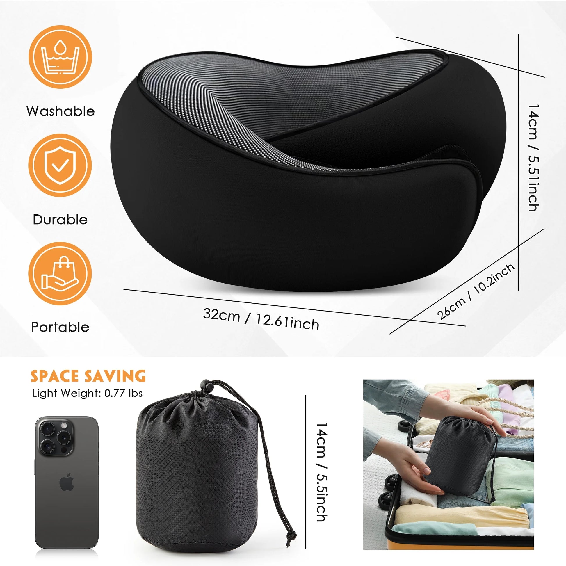 Travel Pillows for Airplanes, Travel Neck Pillow Travel Pillow, 360° Support Memory Foam Travel Pillow with 3D Contoured Eye Mask, Earplugs and Storage Bag for Airplanes Offices, Cars, Black