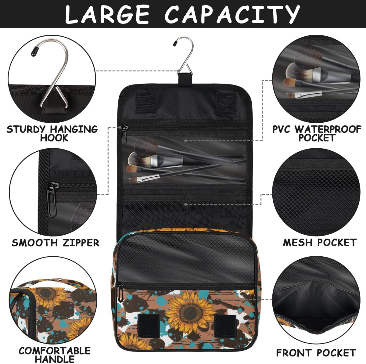 Sunflower Makeup Bag for Women, Hanging Toiletry Bag, Portable Cosmetic Bag, Travel Essentials Gift for Women