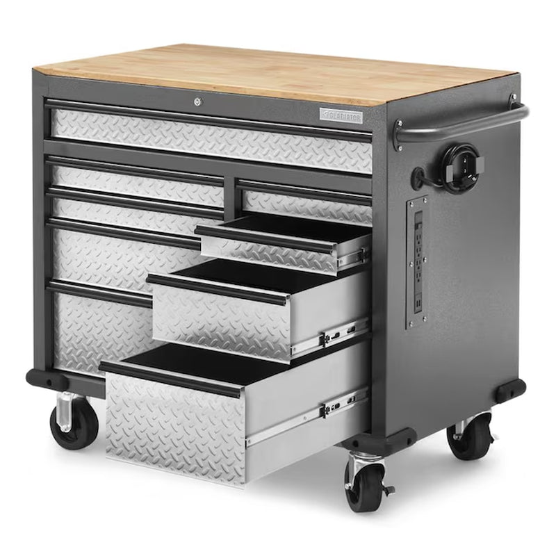 41-In L X 24.5-In H 9 -Drawers Rolling Hammered Granite Wood Portable Work Bench
