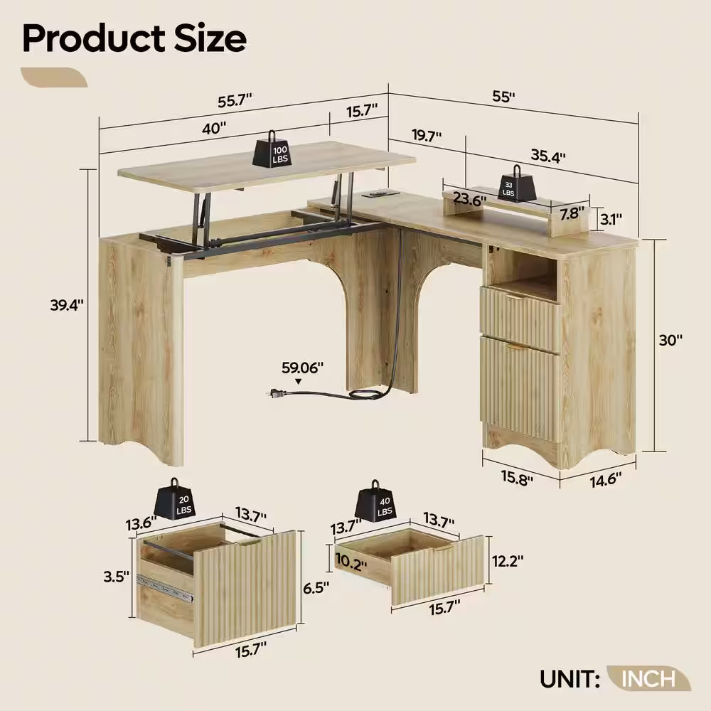 55 In. Natural 2-Storage Drawers L-Shaped Computer Desk with Power Outlets, Lift-Top and Monitor Stand