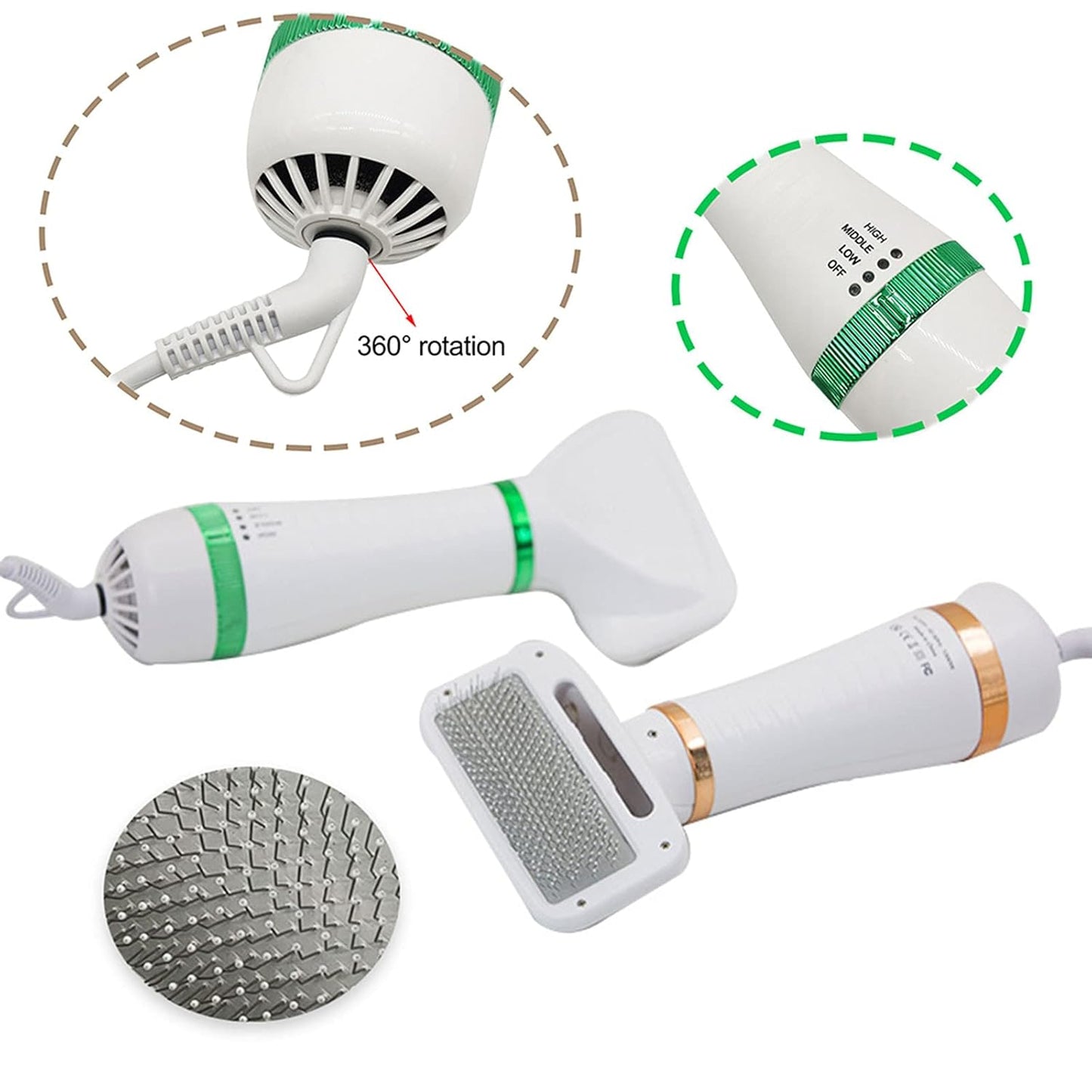 Pet Hair Dryer Portable 2 in 1 Upgraded Professional Quiet Dog Cat Hair Furry Blower, Home Pet Grooming Dog Hair Comb 3 Heat Settings Pet Brush for Small Medium Large Dog Kitten (Green)