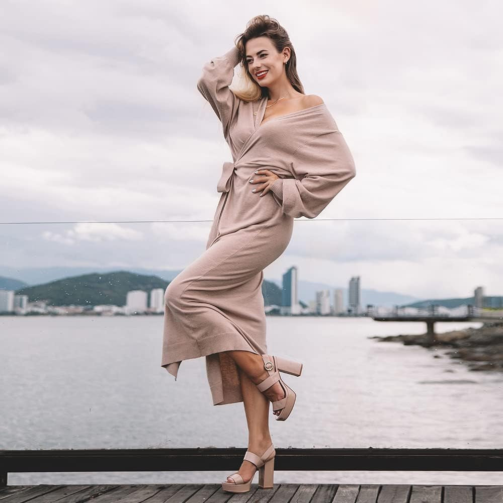 Womens Knit Sweater Dress Casual Solid Long Sleeve Wrap Maxi Dresses with Belt Camel