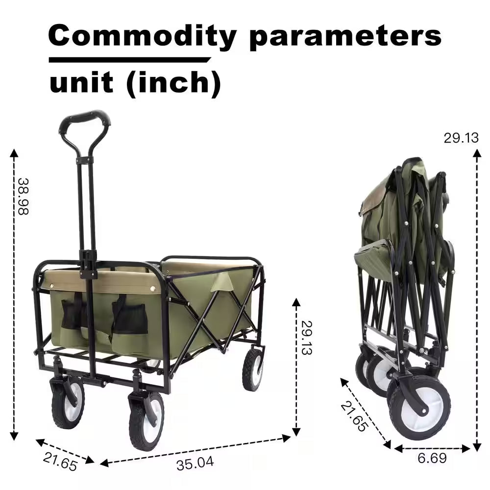 17 Cu. Ft. Army Green Fabric Collapsible Garden Cart, Utility Wagon W/Strap and All-Terrain Wheels for Outdoor Shopping