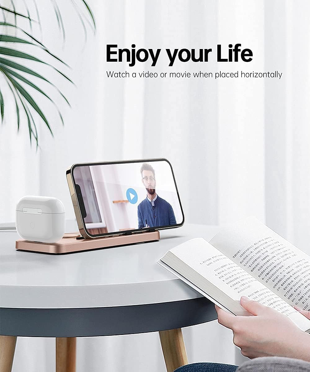 Portable 3 in 1 Charging Station for Apple Devices Foldable Charger Station for Apple Watch 7/6/SE/5/4/3/2/1 Charger Stand, Charging Dock Station for Iphone Airpods Pro 3/2/1 Rose Gold