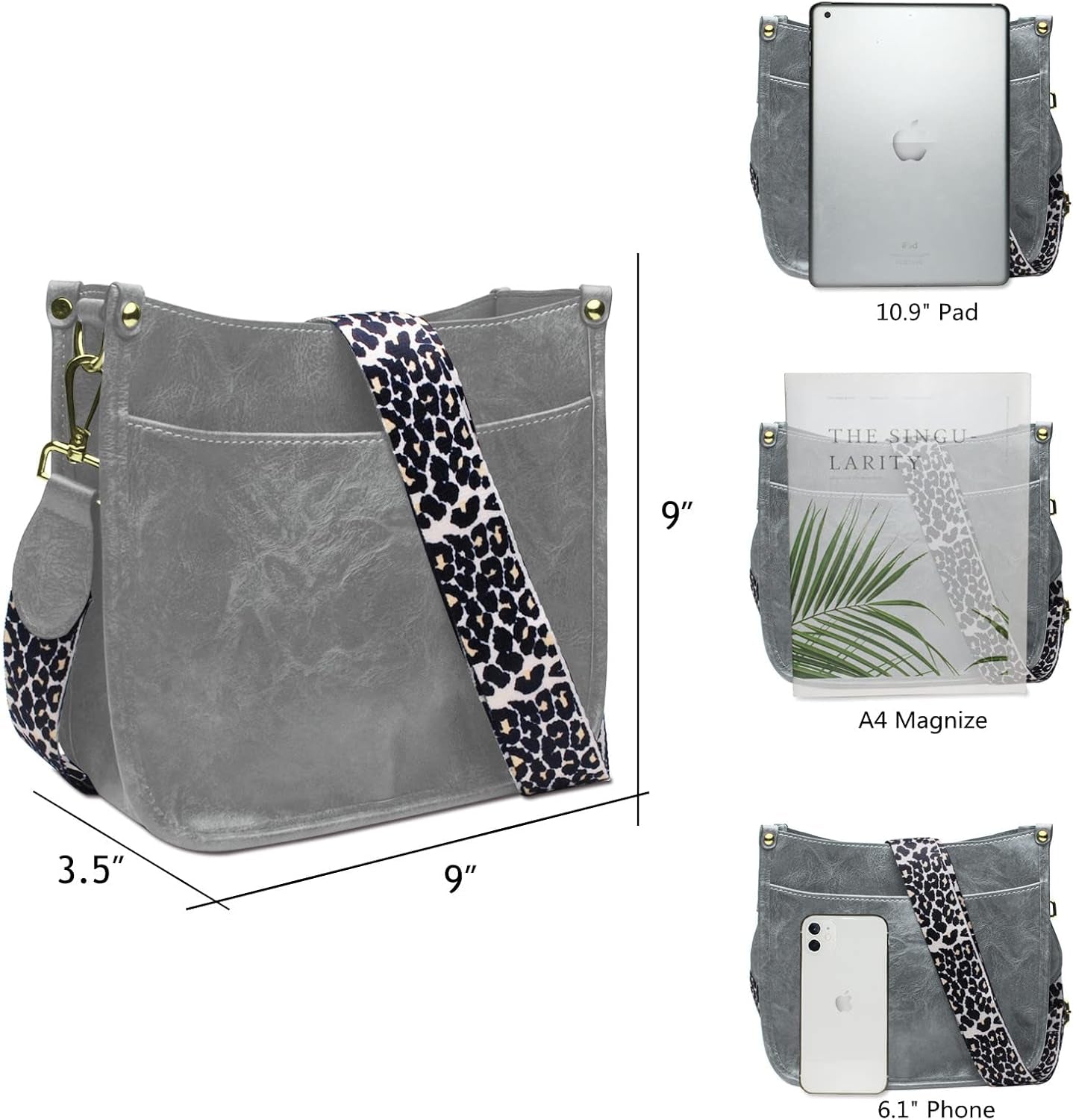Vegan Leather Crossbody Bags for Women- Medium Size Hobo Zipped Pockets Cross-Body Purse with Adjustable Leopard Strap