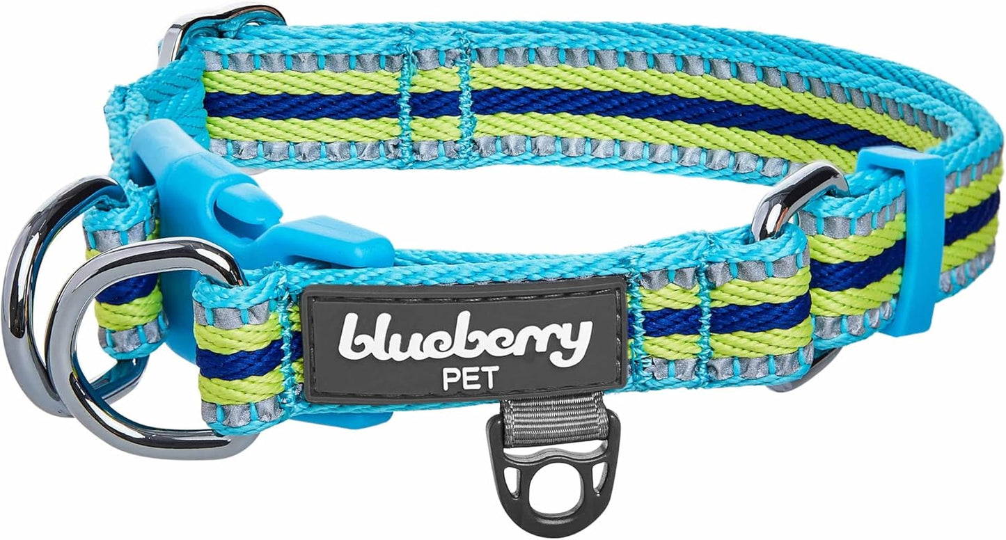 Safety Dog Collar with Dual D-Rings | 3M Reflective Multi-Colored Adjustable Collar in Blue and Yellow | Soft Nylon Dog Collar for Active Large Dogs