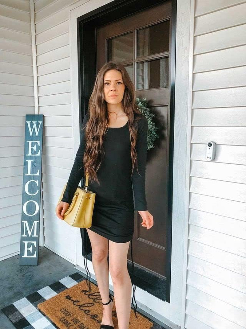 Women'S Square Neck Long Sleeve Bodycon Dress Drawstring Club Ruched Mini Dress Brown Medium