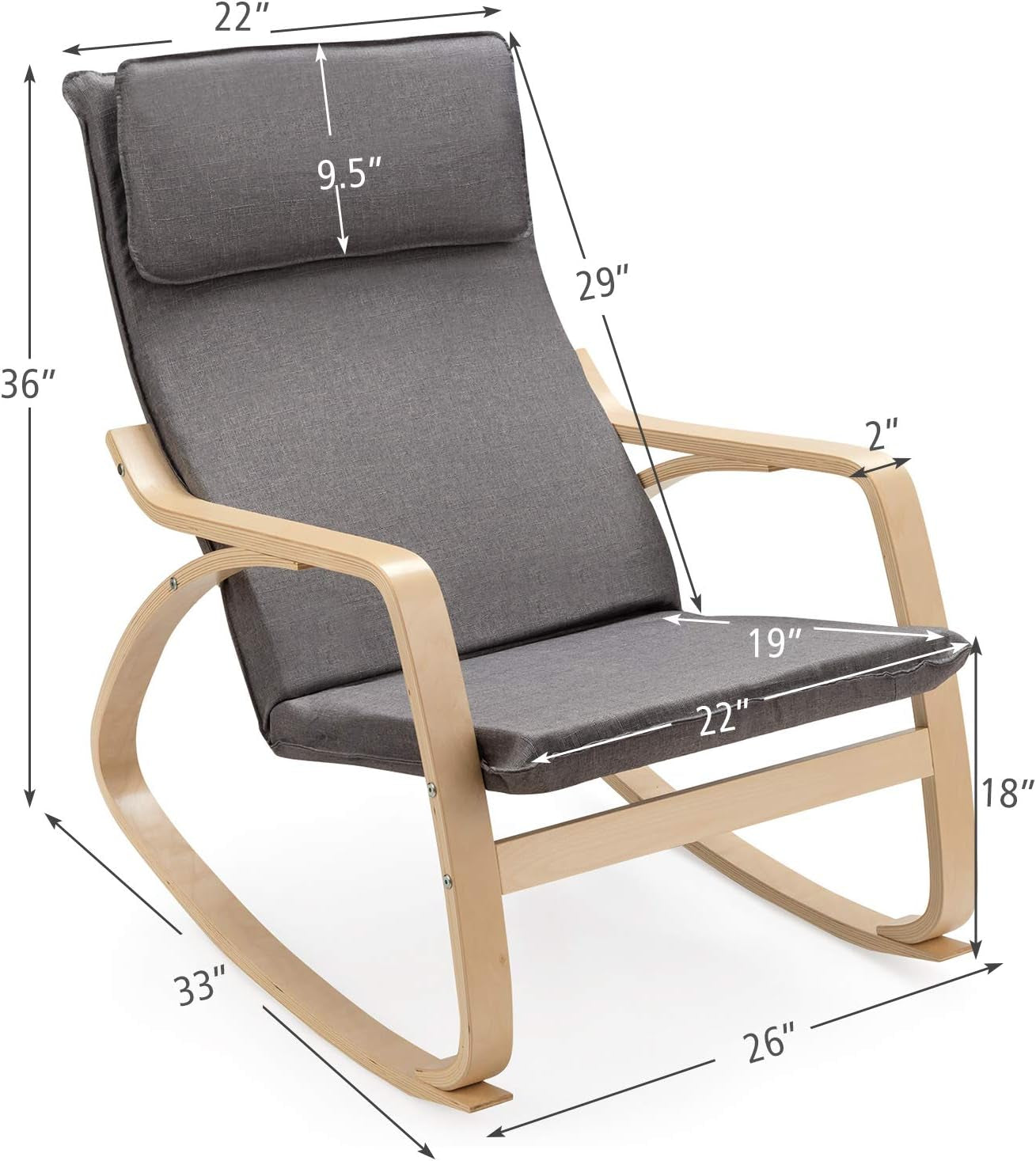 Rocking Chair with Removable Upholstered Cushion, Stable Wooden Frame Relaxing Modern Leisure Armchair Suitable for Living Room, Bedroom, Balcony, Nursery Room Ergonomic Chair (2, Gray)