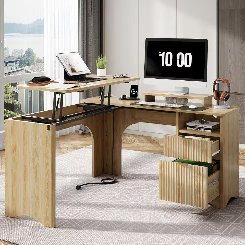 55 In. Natural 2-Storage Drawers L-Shaped Computer Desk with Power Outlets, Lift-Top and Monitor Stand